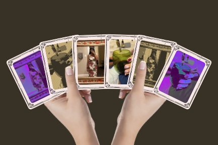 Assignment 2: image collage with custom pixel filters, photographs processed through red/blue channel manipulation arranged as playing cards