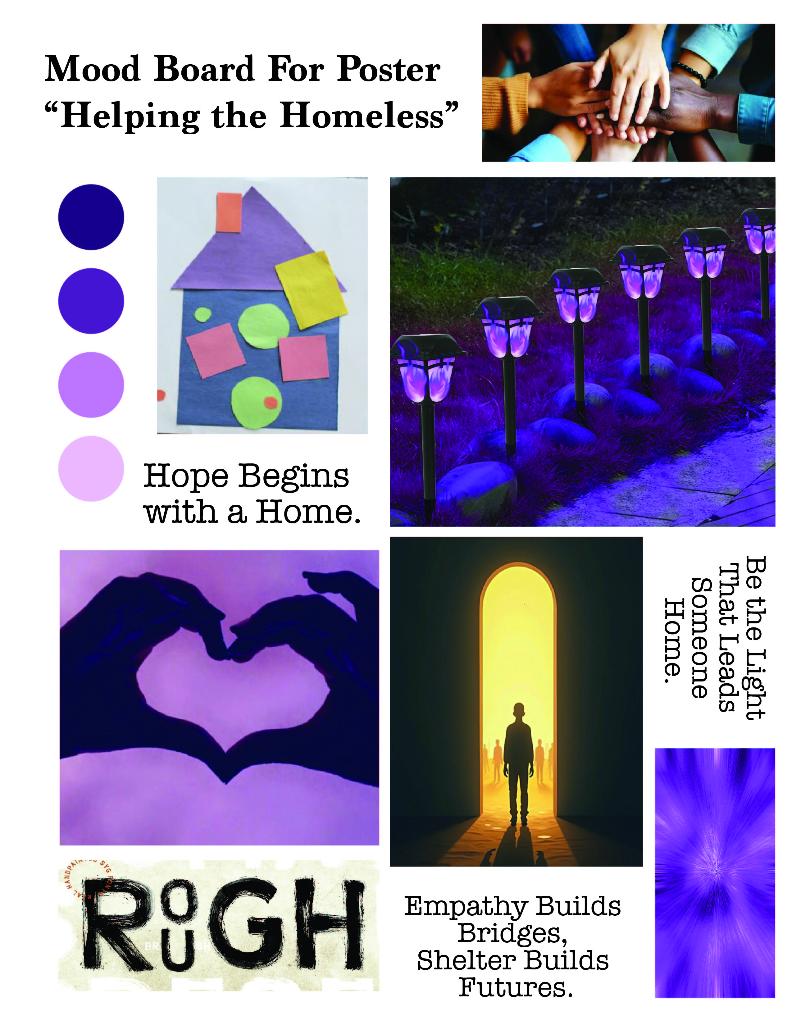 Mood board for the Be the Light social impact poster, exploring purple tones and imagery around home and hope