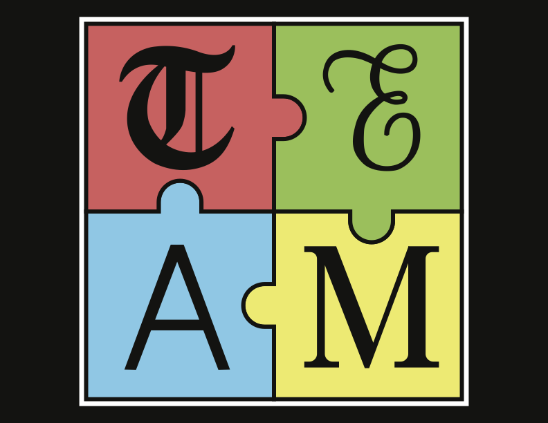 Hand-built typography spelling TEAM, using puzzle pieces and varied letterforms