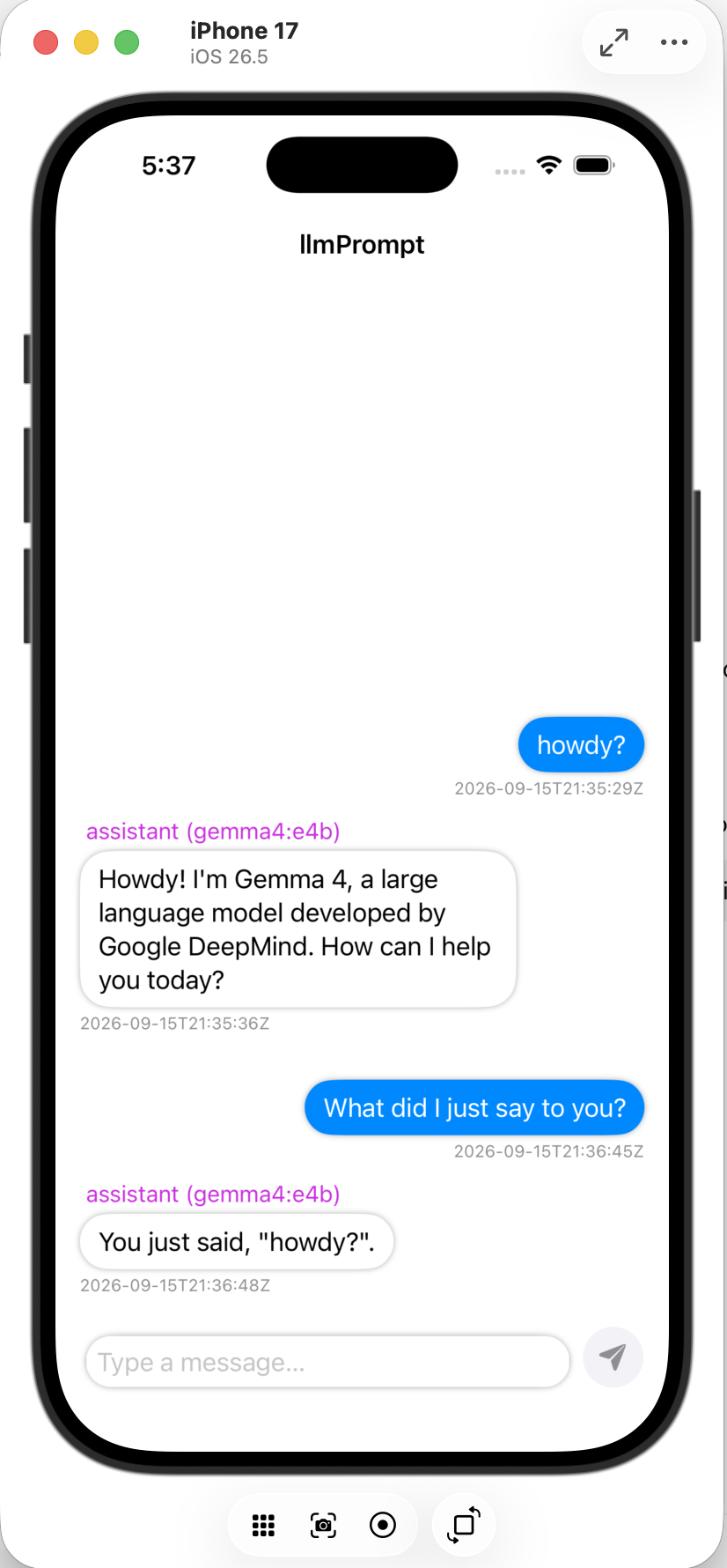 iOS simulator conversation with gemma4:e4b correctly recalling the first message