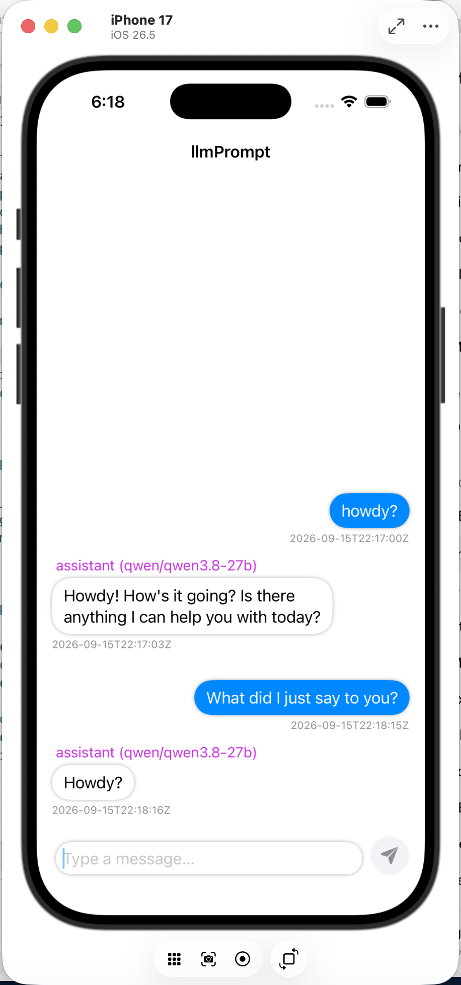 iOS simulator conversation with qwen3.8-27b after the follow-up question