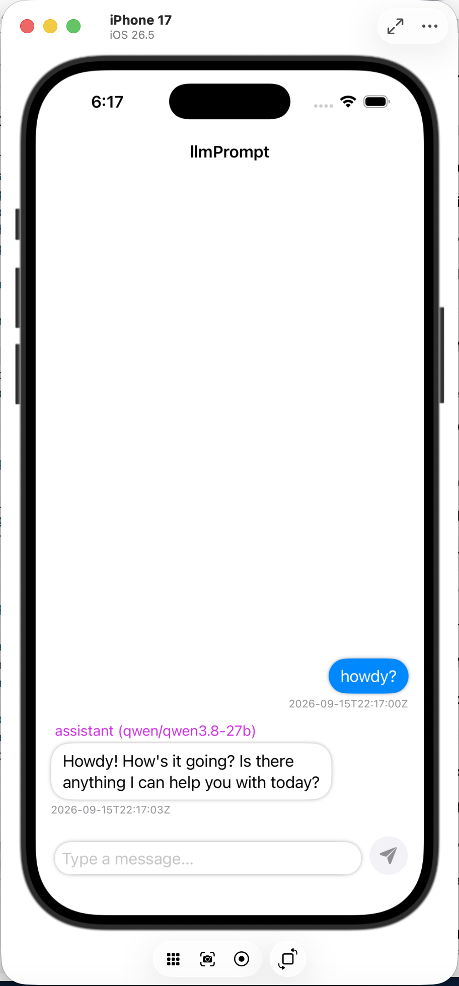 iOS simulator conversation with qwen3.8-27b replying to the first message