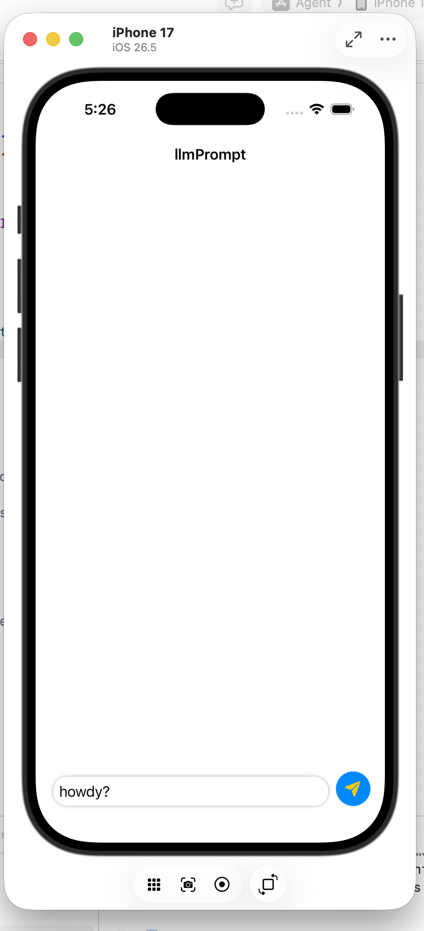 iOS simulator showing the llmPrompt app before any message has been sent