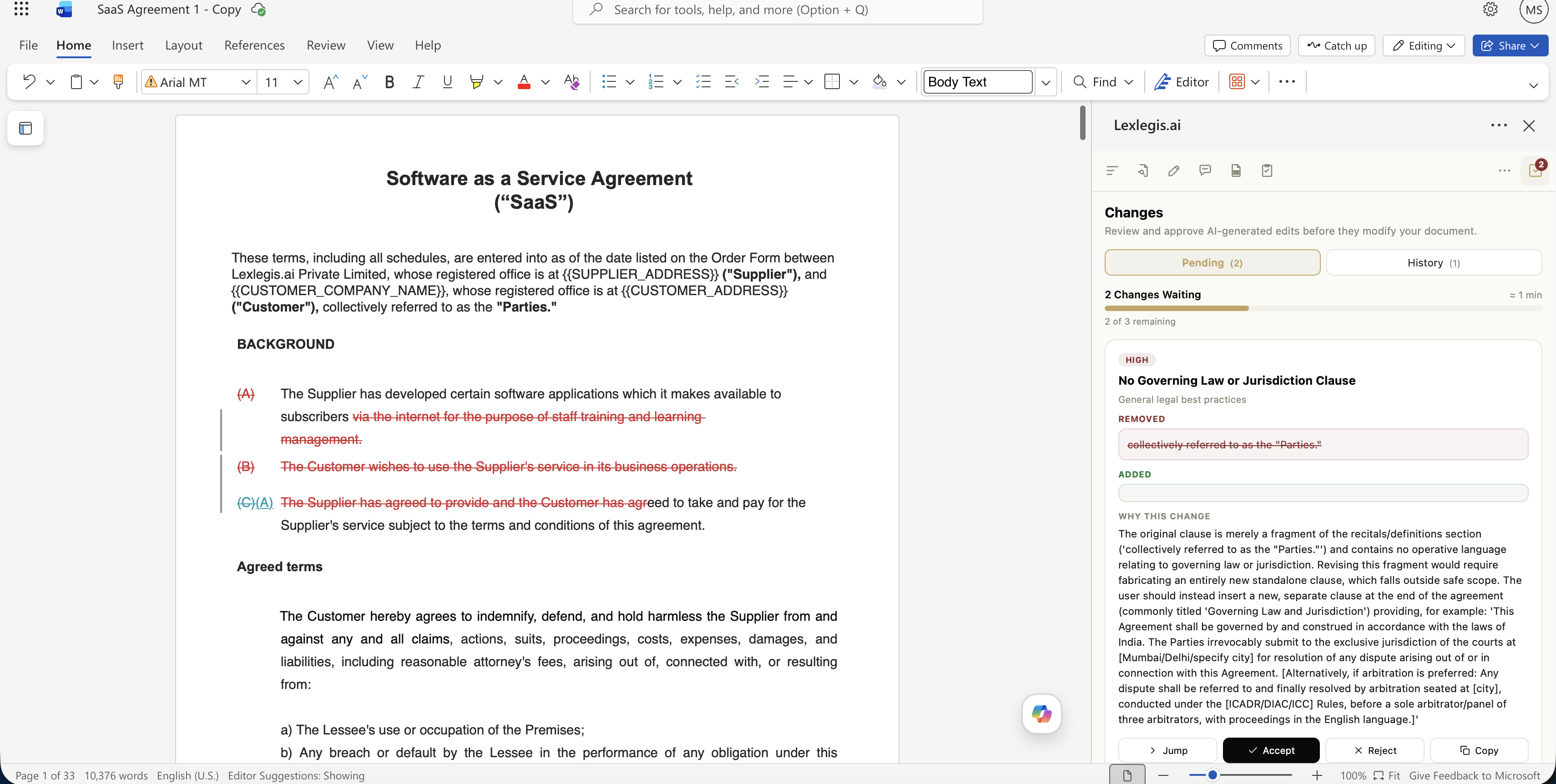 A suggested change with an empty Added field, explaining that fabricating a full governing law clause was outside safe scope and suggesting the user add a proper standalone clause instead