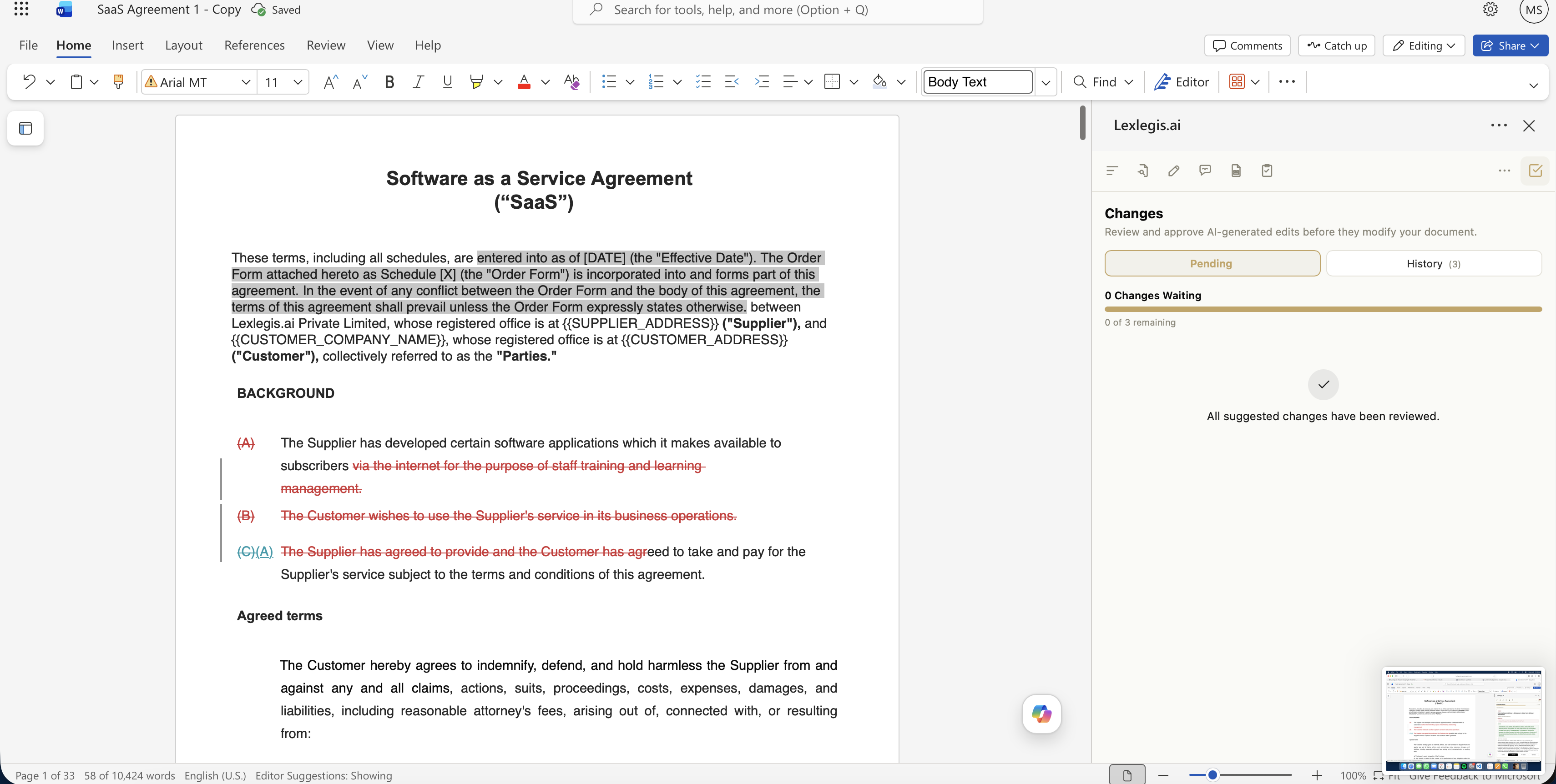 The Changes panel after everything has been reviewed, showing zero changes waiting and a checkmark confirming all suggested changes were resolved, with the accepted clause now visible in the document