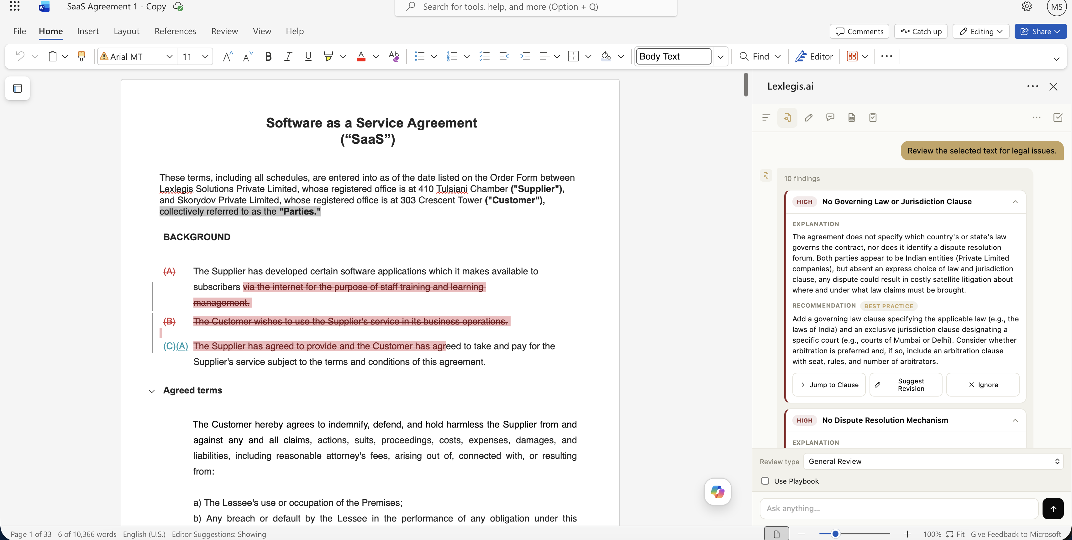 An expanded finding in the Word add-in: No Governing Law or Jurisdiction Clause, with an explanation, a recommendation tagged Best Practice, and Jump to Clause, Suggest Revision, and Ignore buttons
