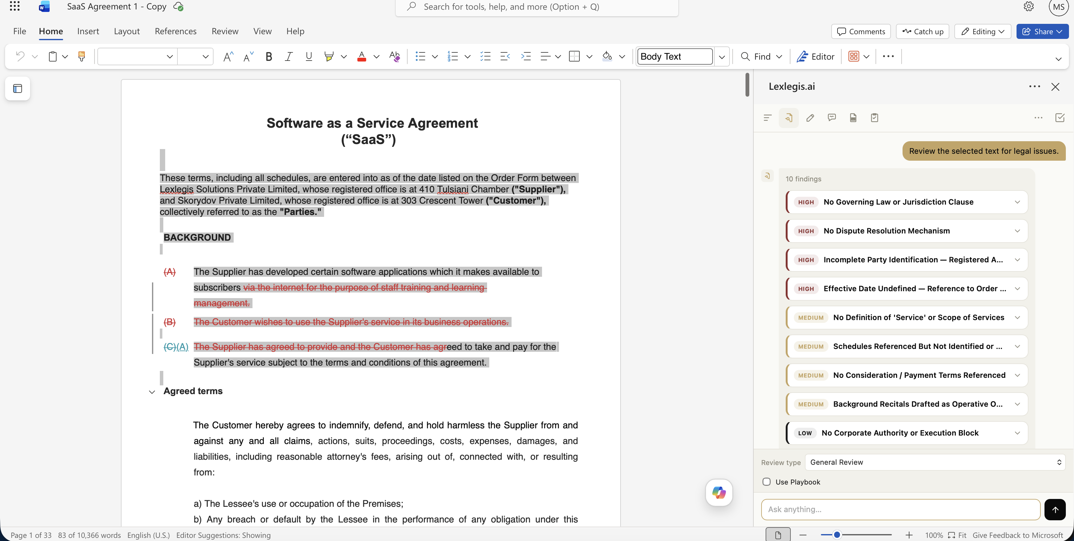 Review panel listing 10 findings on a SaaS agreement, sorted by severity from high to low