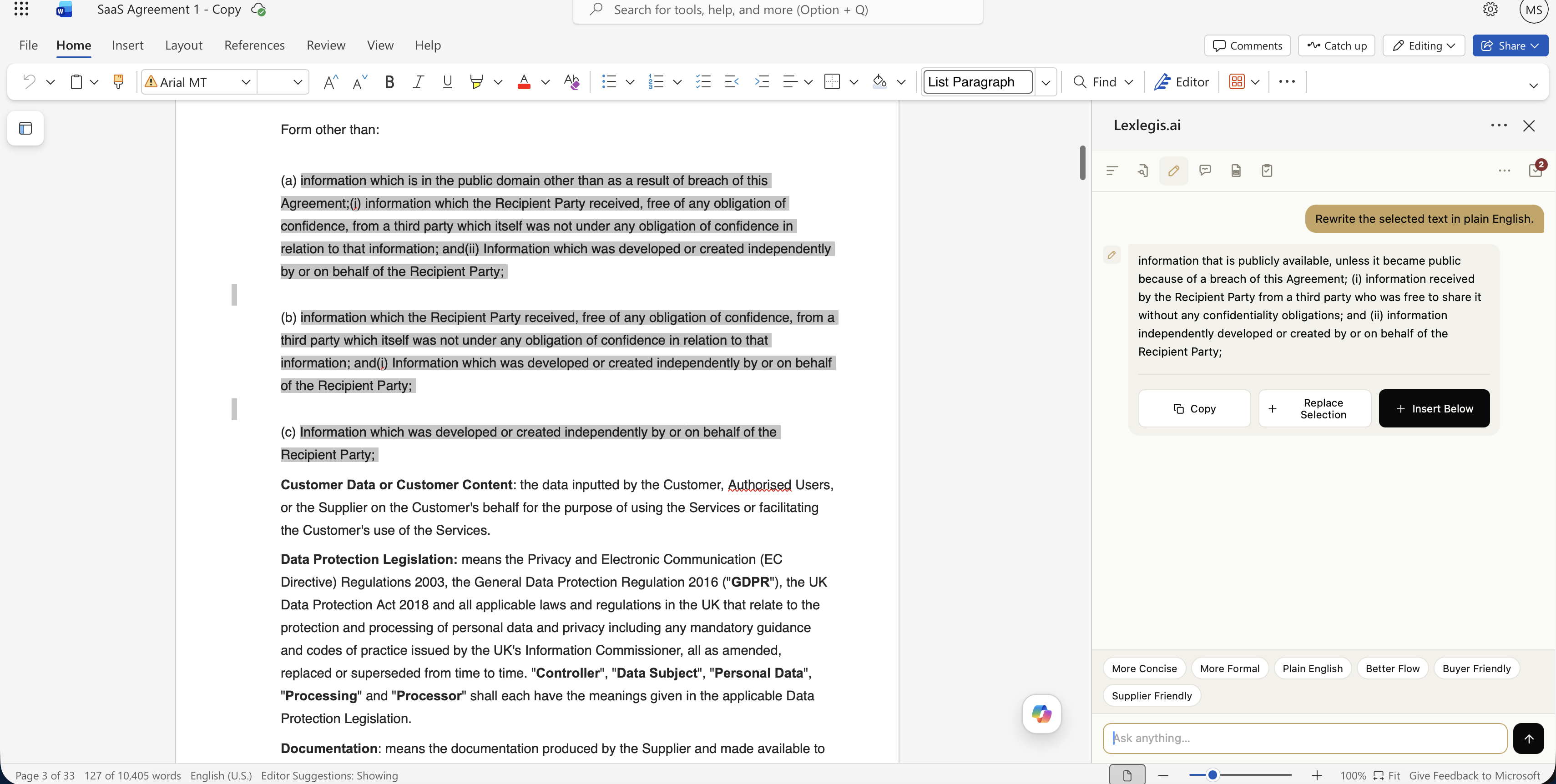 Rewrite panel showing a dense confidentiality clause rewritten in plain English, with options to copy, replace the selection, or insert below