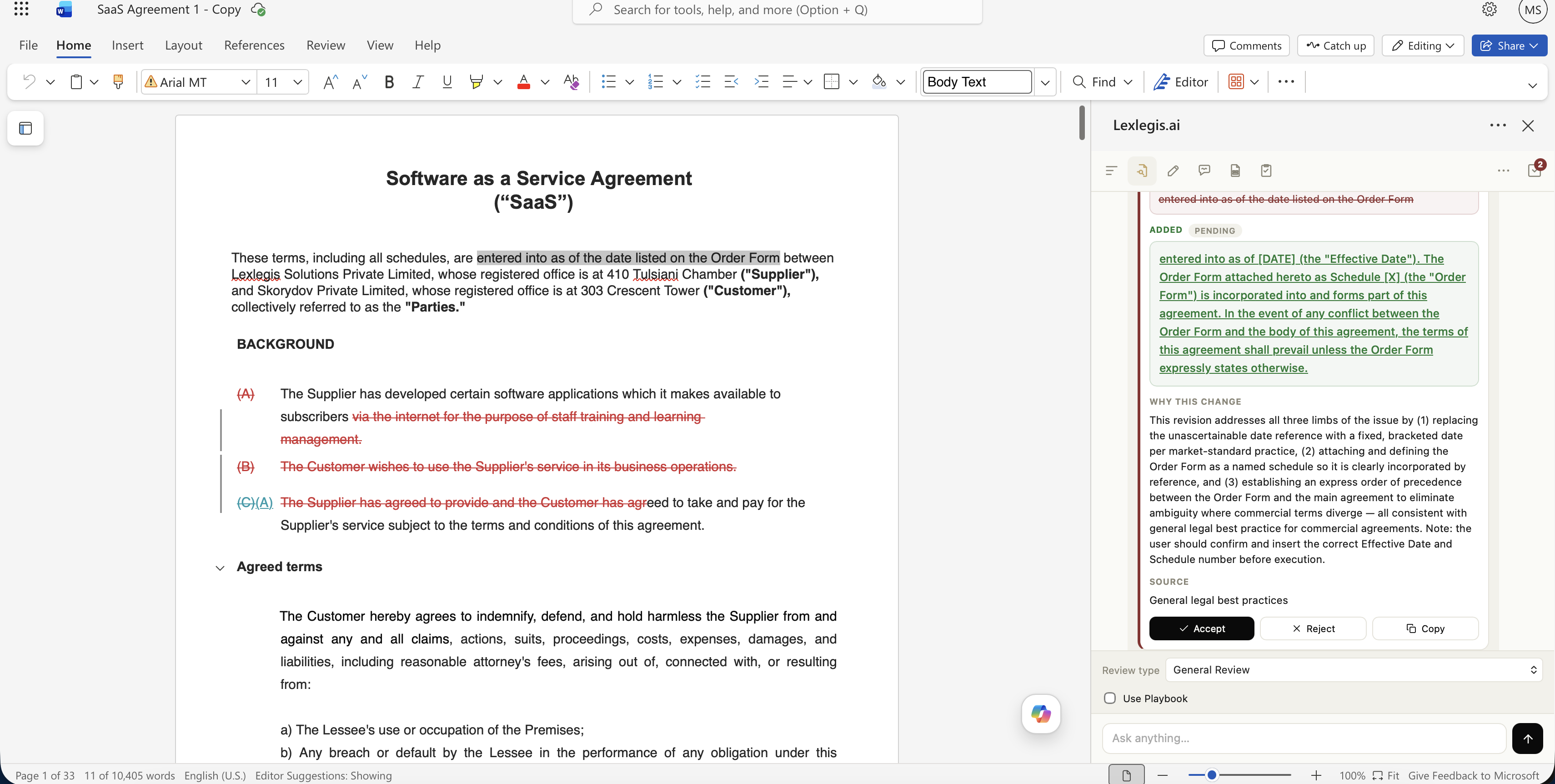 The same suggested change with Accept, Reject, and Copy buttons, and a note showing the source is general legal best practices