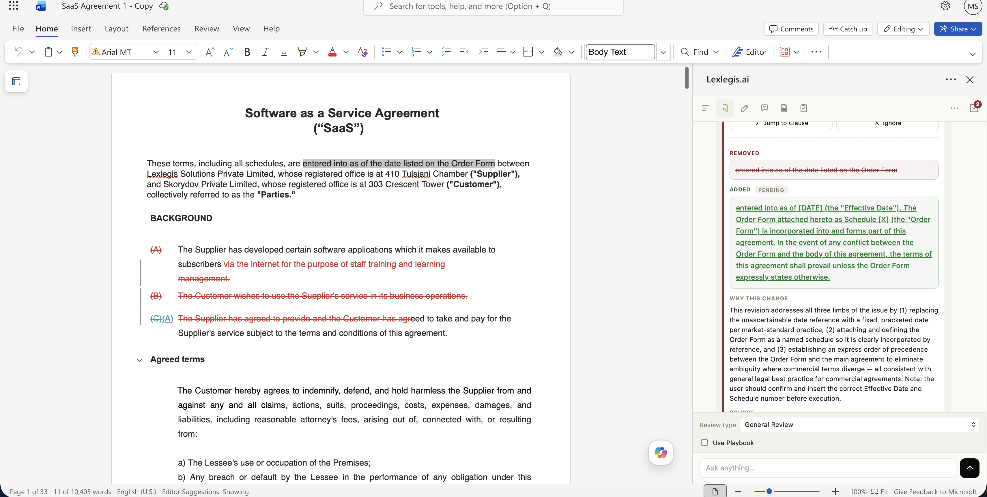 A pending suggested change showing the original text struck through and new text proposed for an effective date clause, with an explanation of why the change was made