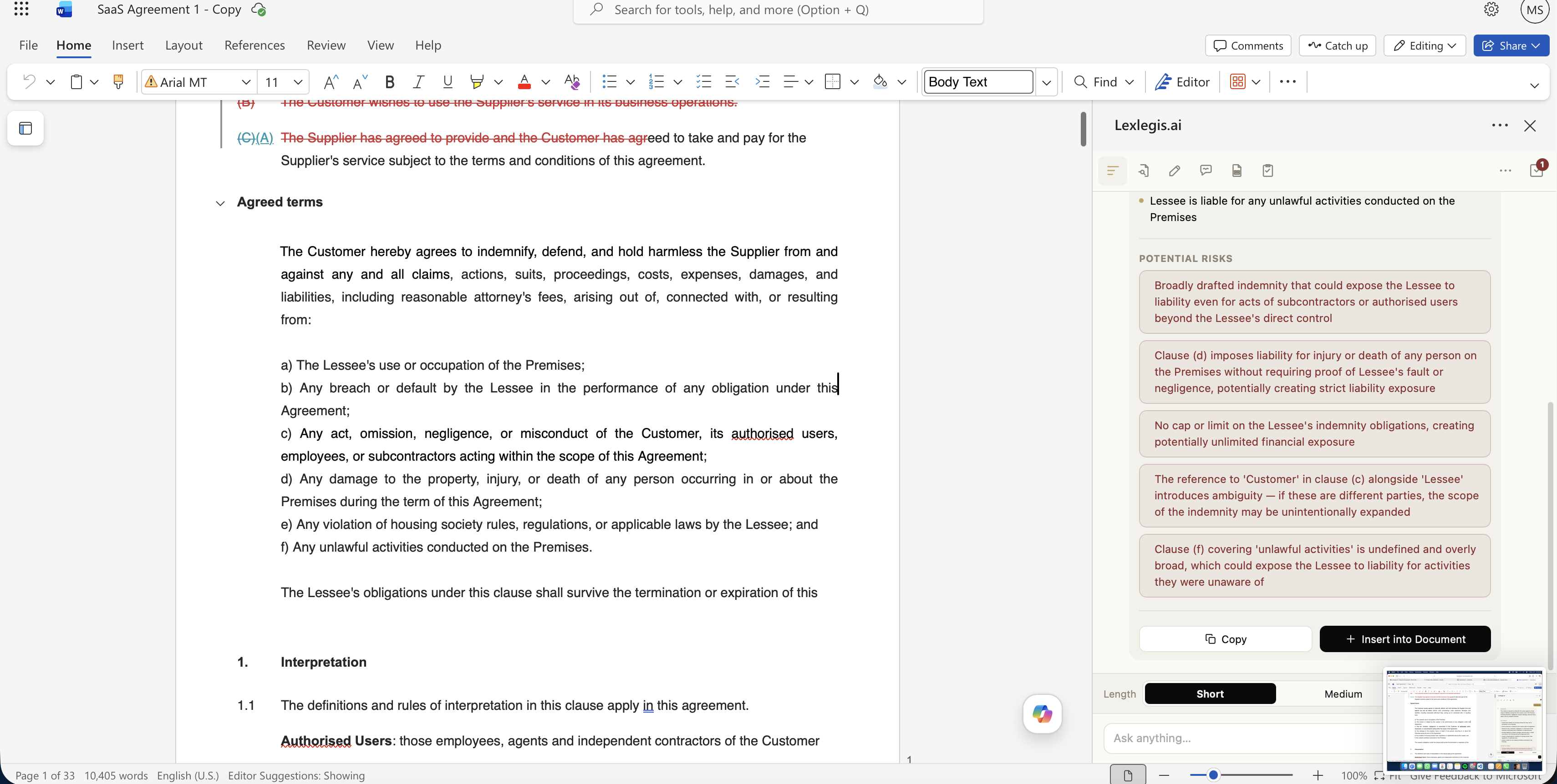 Summarize panel in the Word add-in showing a summary, key points, and potential risks for an indemnity clause