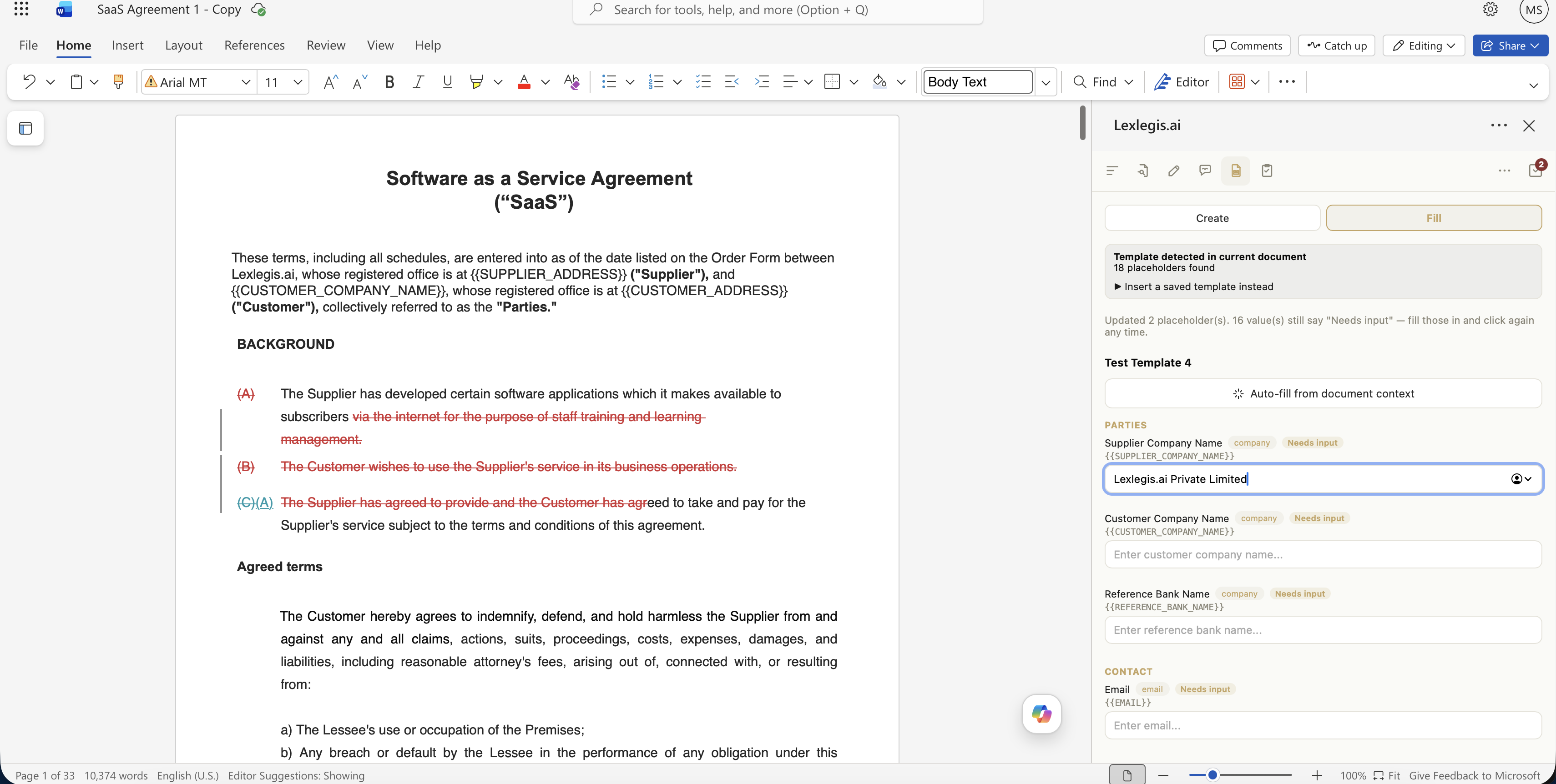 Fill mode showing a detected template with 18 placeholders, an Auto-fill from document context button, and fields for supplier company name, customer company name, and bank name